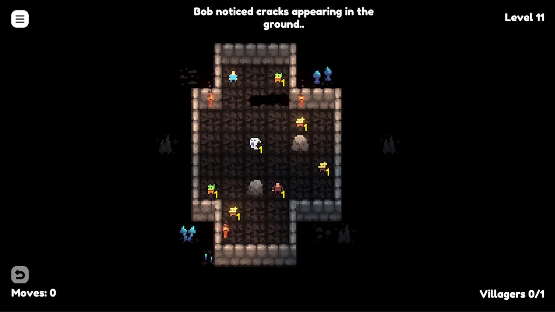 Chomp Hero: Level 11 dungeon grid with hero, rocks and enemies, Moves 0 and Villagers 0/1 UI.