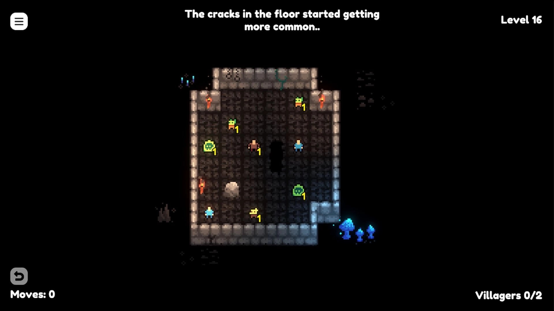 Chomp Hero: Level 16 puzzle room with hero and enemies on cracked tiles, moves counter and torches lit.