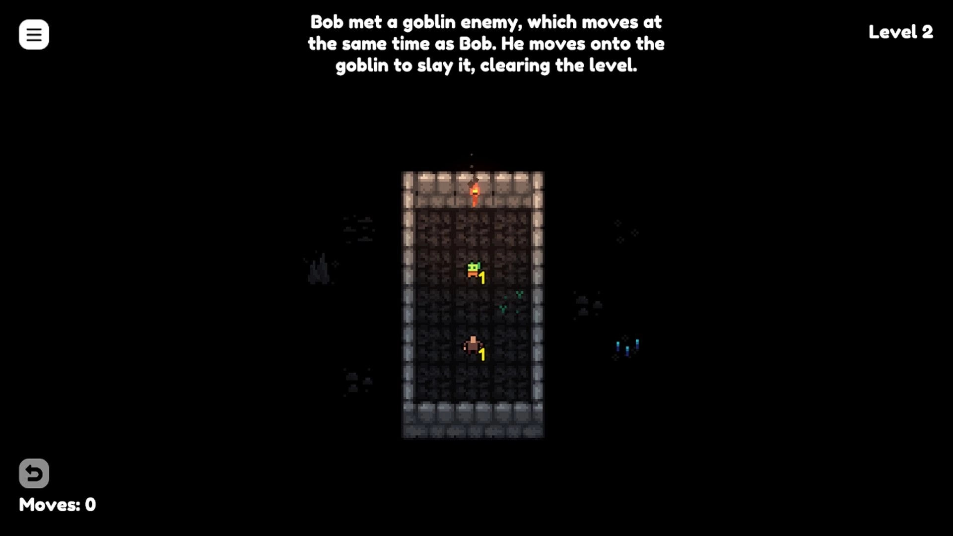 Chomp Hero: Bob faces a goblin with move counters in Level 2 stone dungeon room, Moves: 0 UI.