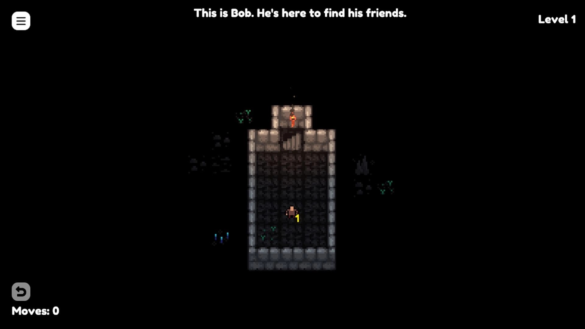 Chomp Hero: Bob stands in a stone dungeon room near a torch doorway, Level 1 UI and Moves: 0.
