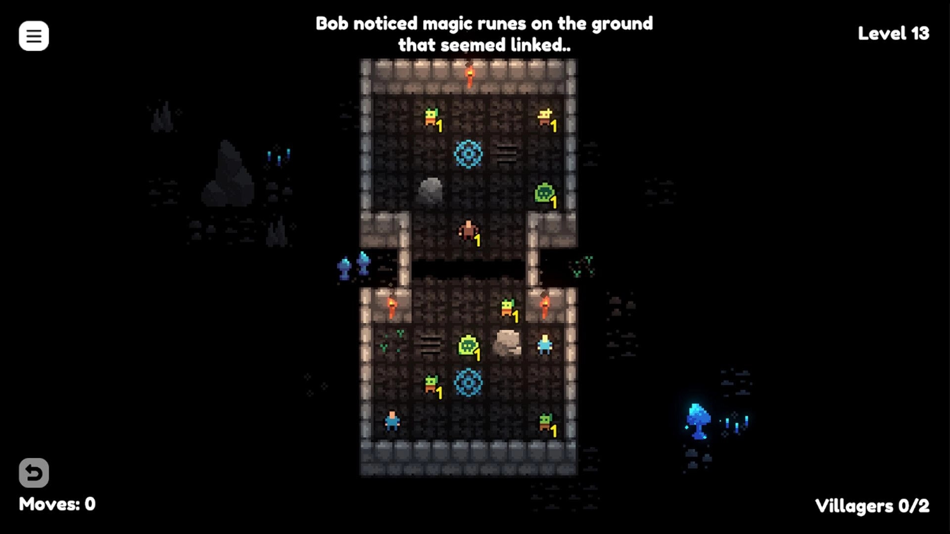 Chomp Hero: Bob navigates linked magic runes and enemies in a torchlit dungeon room, Level 13 UI.