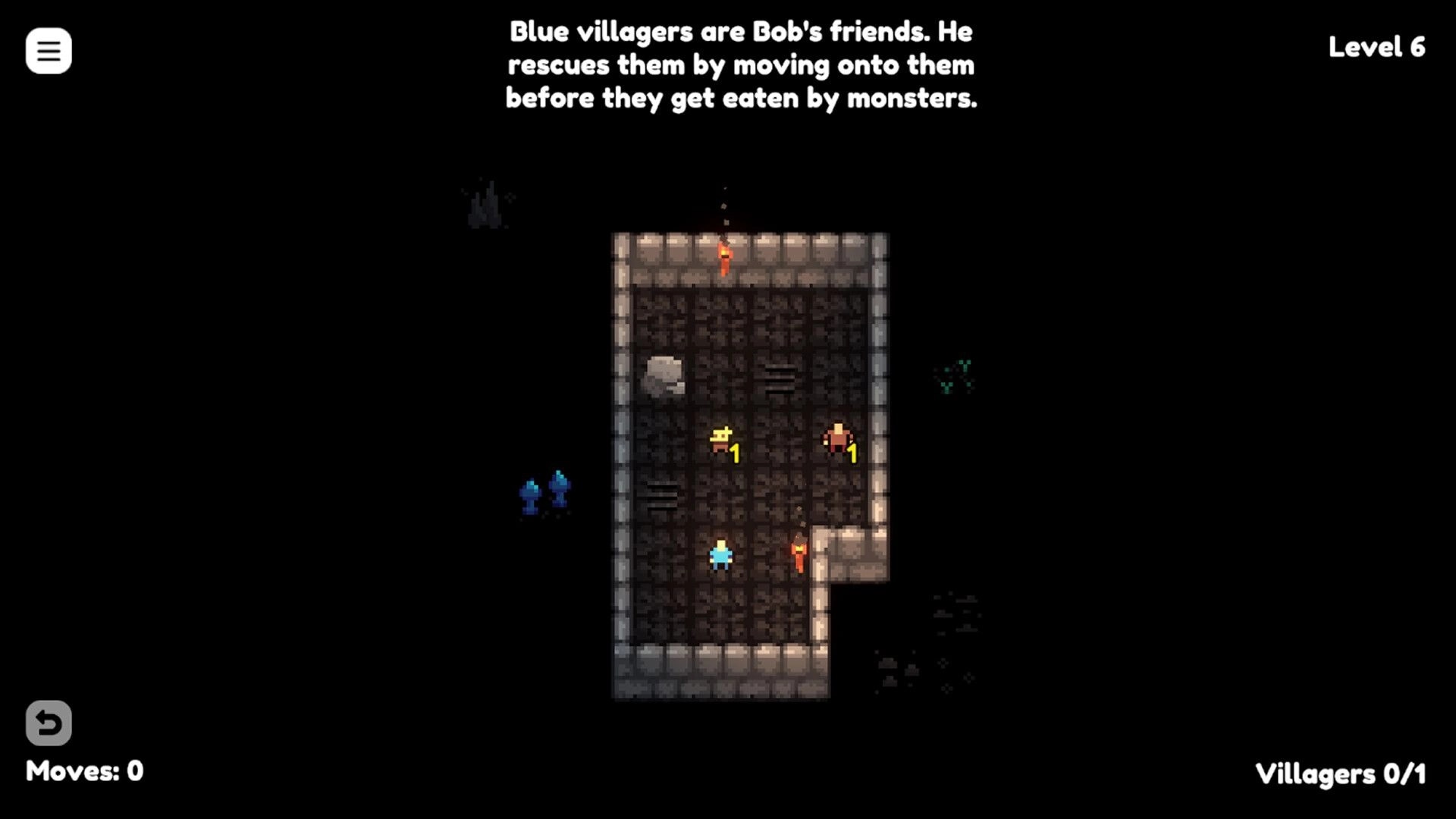 Chomp Hero: Blue hero navigates dungeon tiles with torches and rocks, Level 6 UI and moves counter.