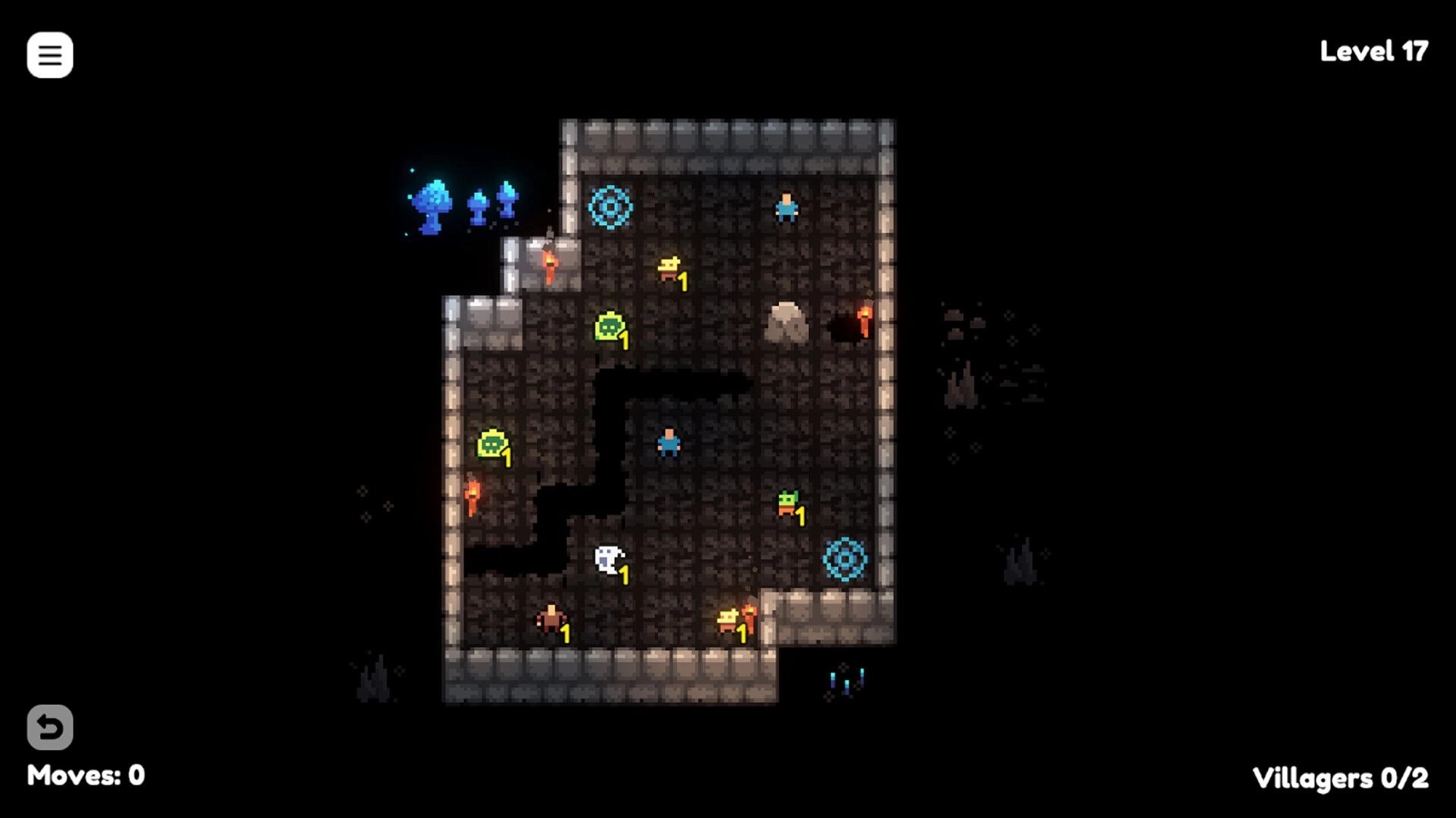 Chomp Hero: Level 17 dungeon puzzle with hero amid enemies, torches, portals, and move counter UI.