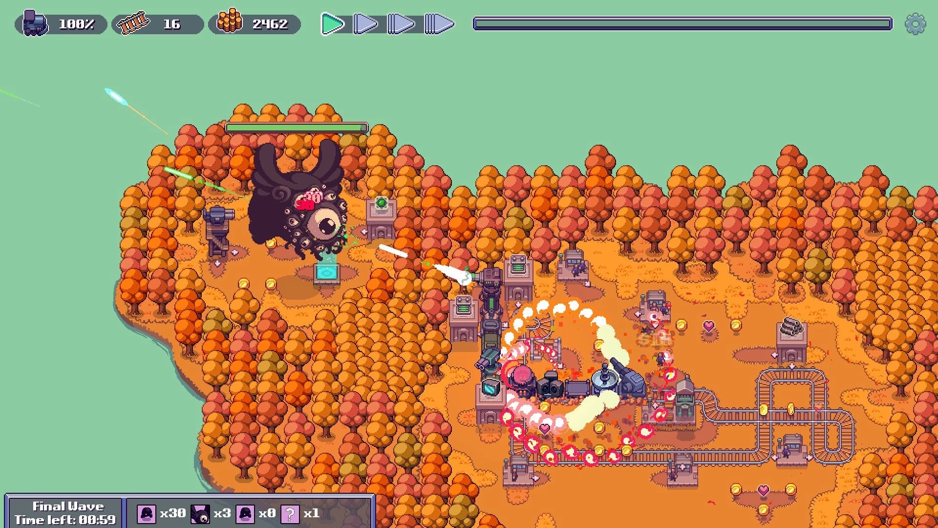 Choo Choo Defenders: Train and turrets firing at a horned boss in an autumn forest map with track loop UI.