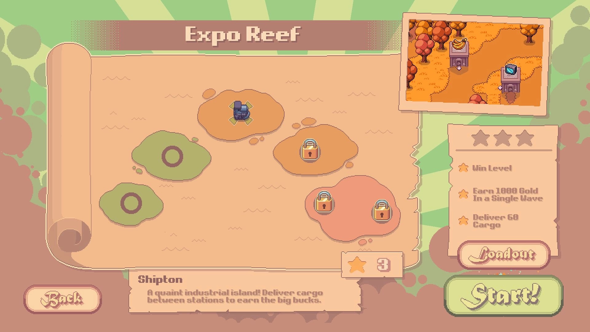 Choo Choo Defenders: Expo Reef world map with island nodes, locked levels, goals panel, Start button.