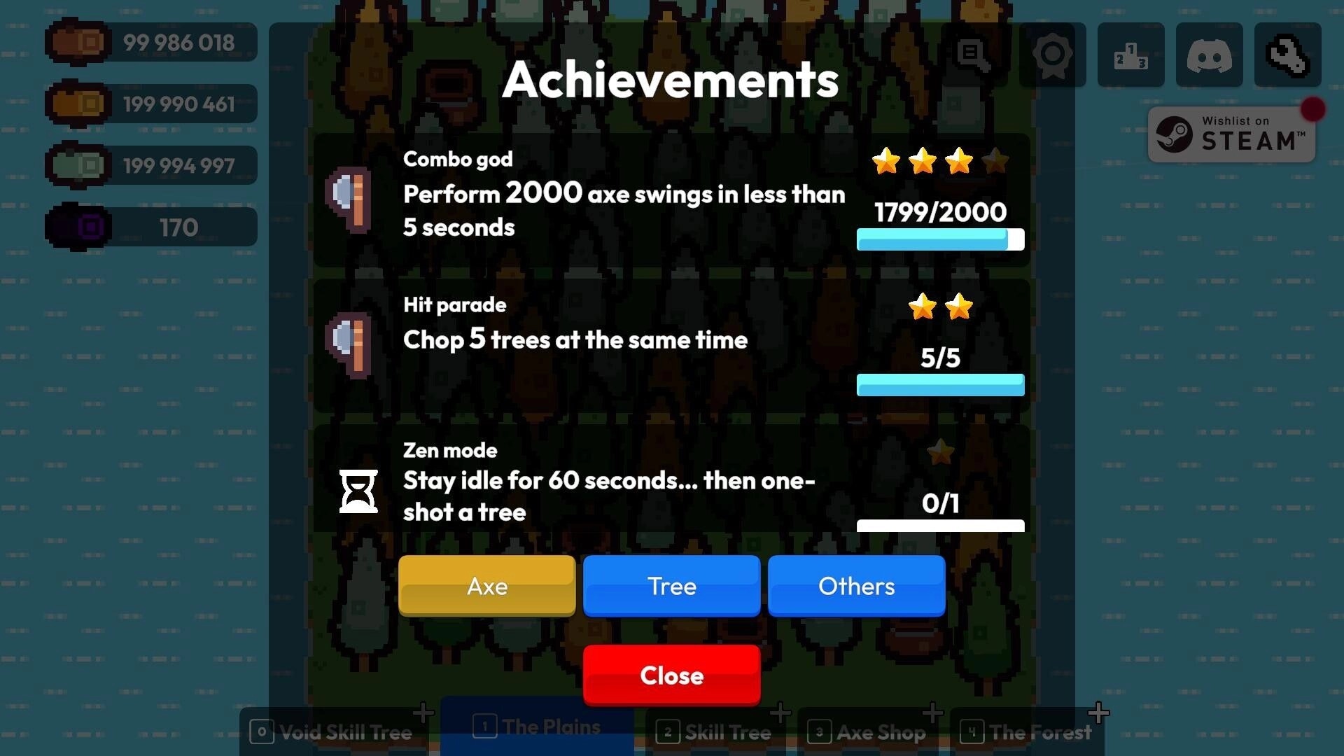 Chop Chains: Achievements screen displaying progress on combo god, hit parade, and zen mode challenges