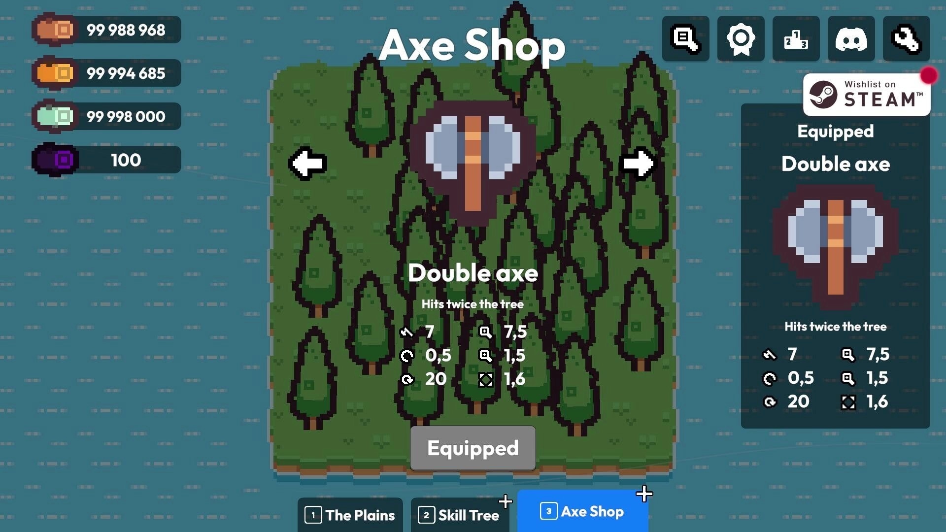 Chop Chains: Double axe selection in the Axe Shop with forest background and resource counters visible