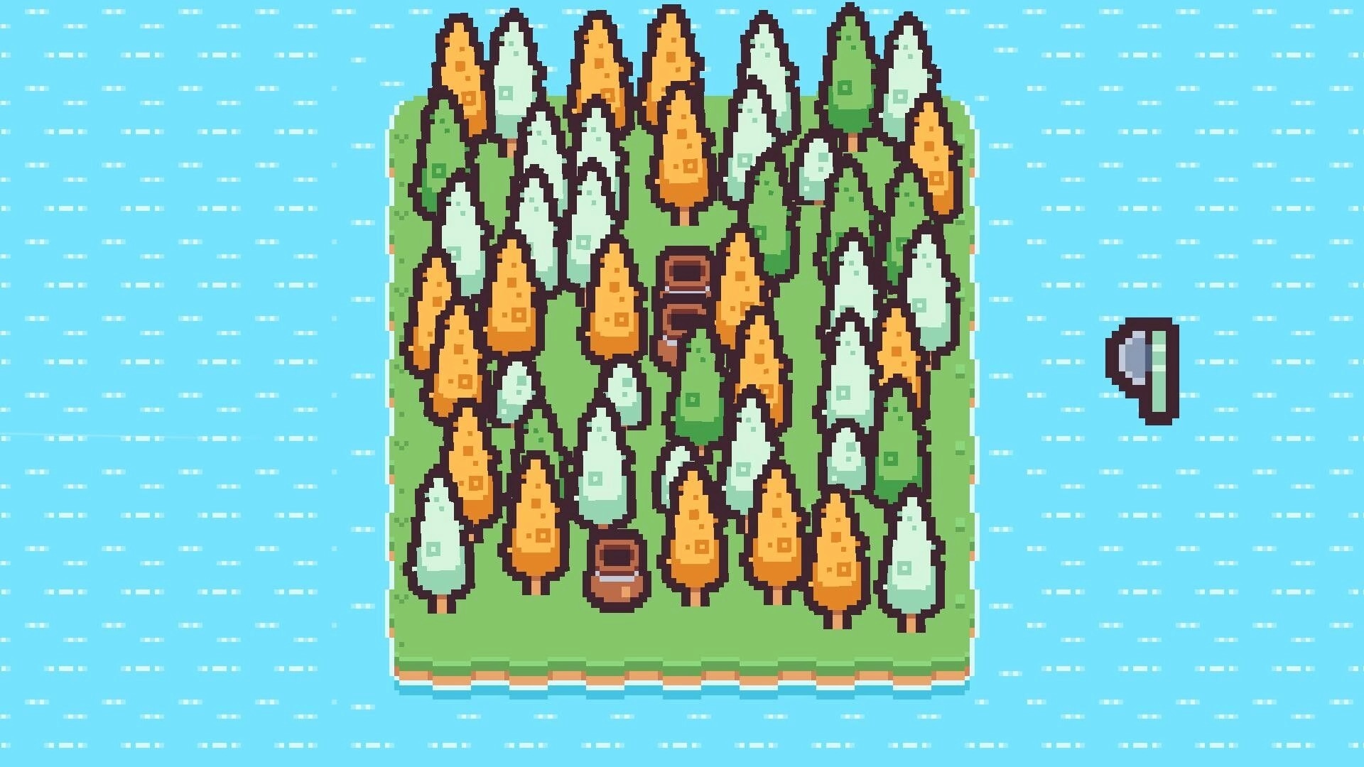 Chop Chains: Dense forest island with pixelated trees, two visible chests, and an axe icon on water