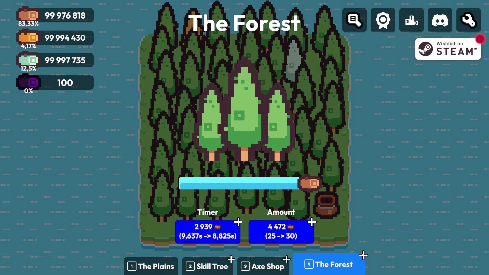 Chop Chains: Forest area with resource stats, timer, and navigation buttons at bottom of the screen.