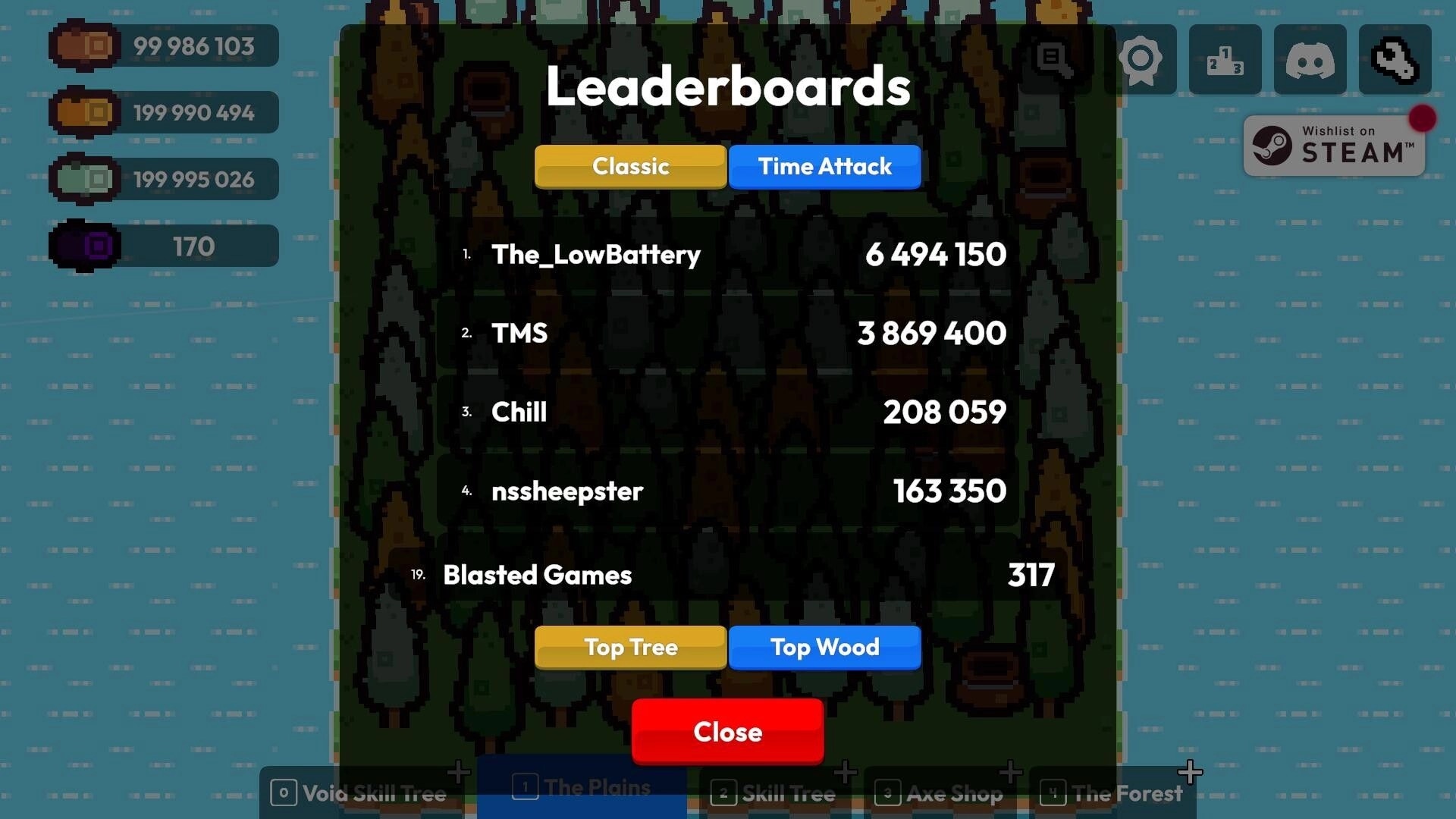 Chop Chains: Leaderboards display with player rankings and options for Classic and Time Attack modes