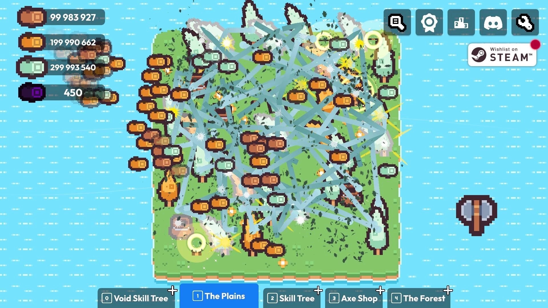 Chop Chains: Overhead view of island with tree chopping and resource icons, interface buttons at bottom.