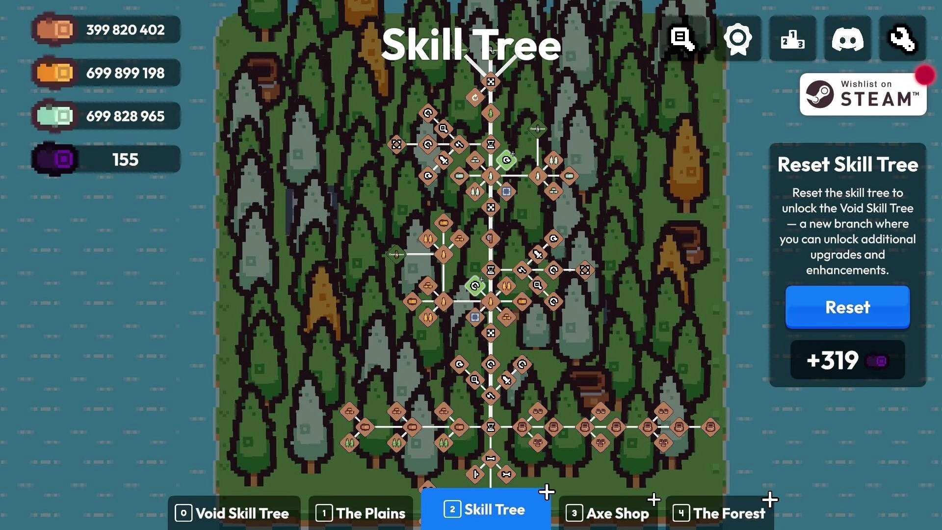 Chop Chains: Skill tree interface over forest background with reset button and resource counters displayed.
