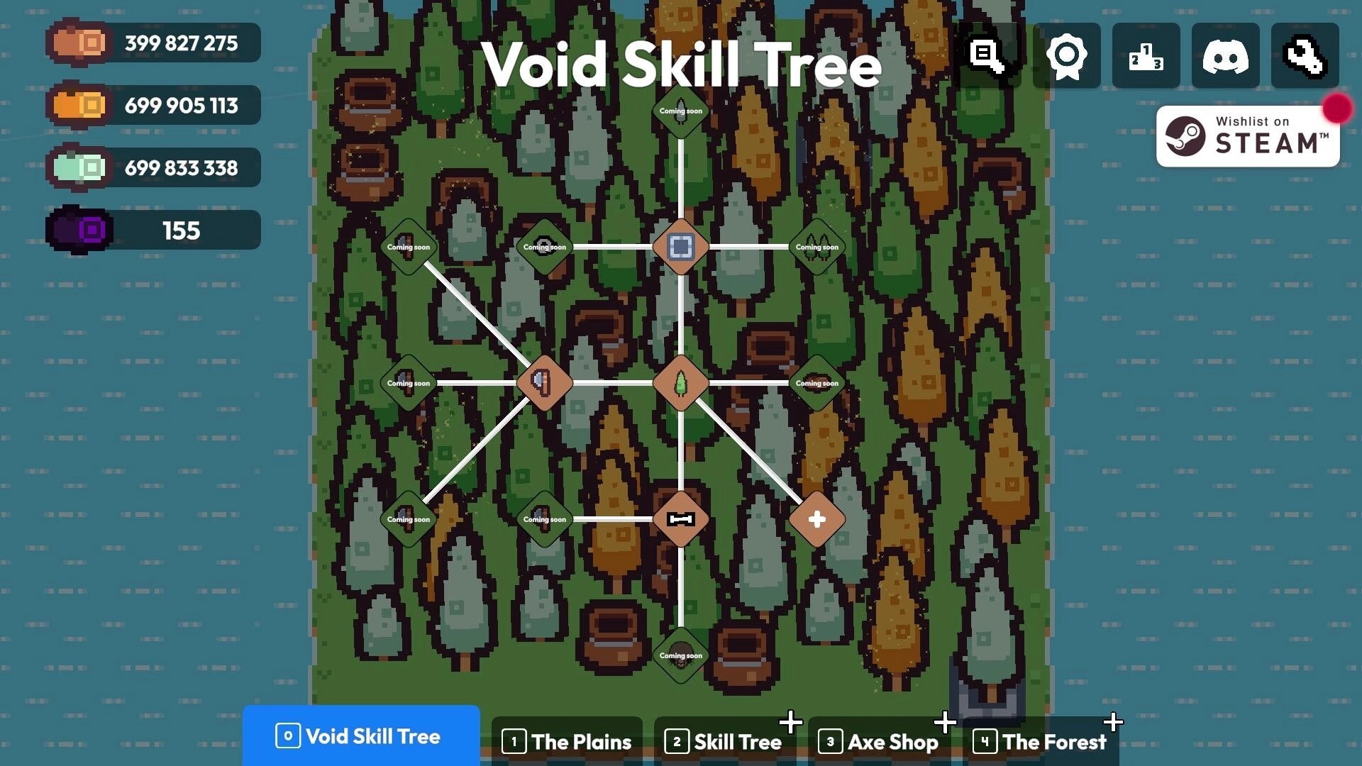 Chop Chains: Void Skill Tree interface with branching paths over a forest background and menu options