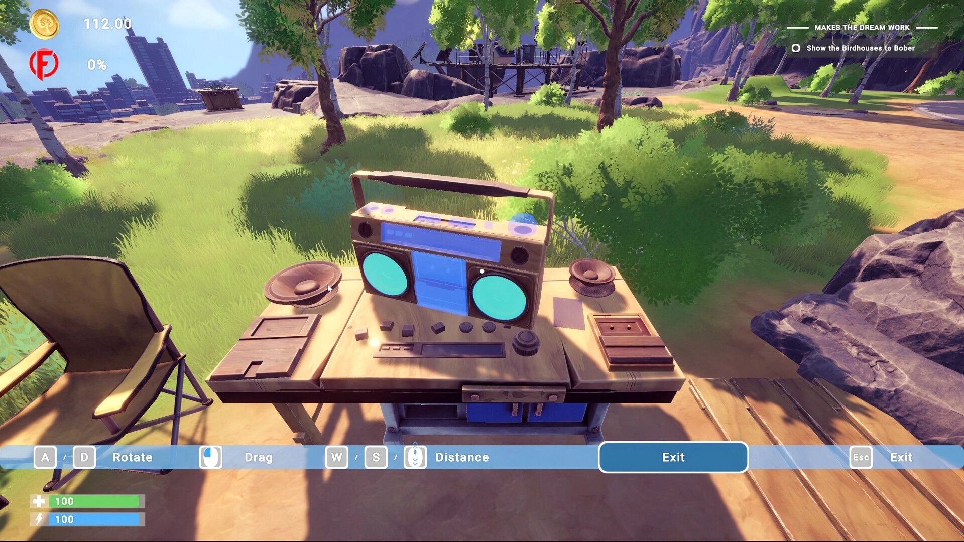 Chop Chop Inc.: Furniture placement view of a boombox desk in sunny forest clearing with UI controls.