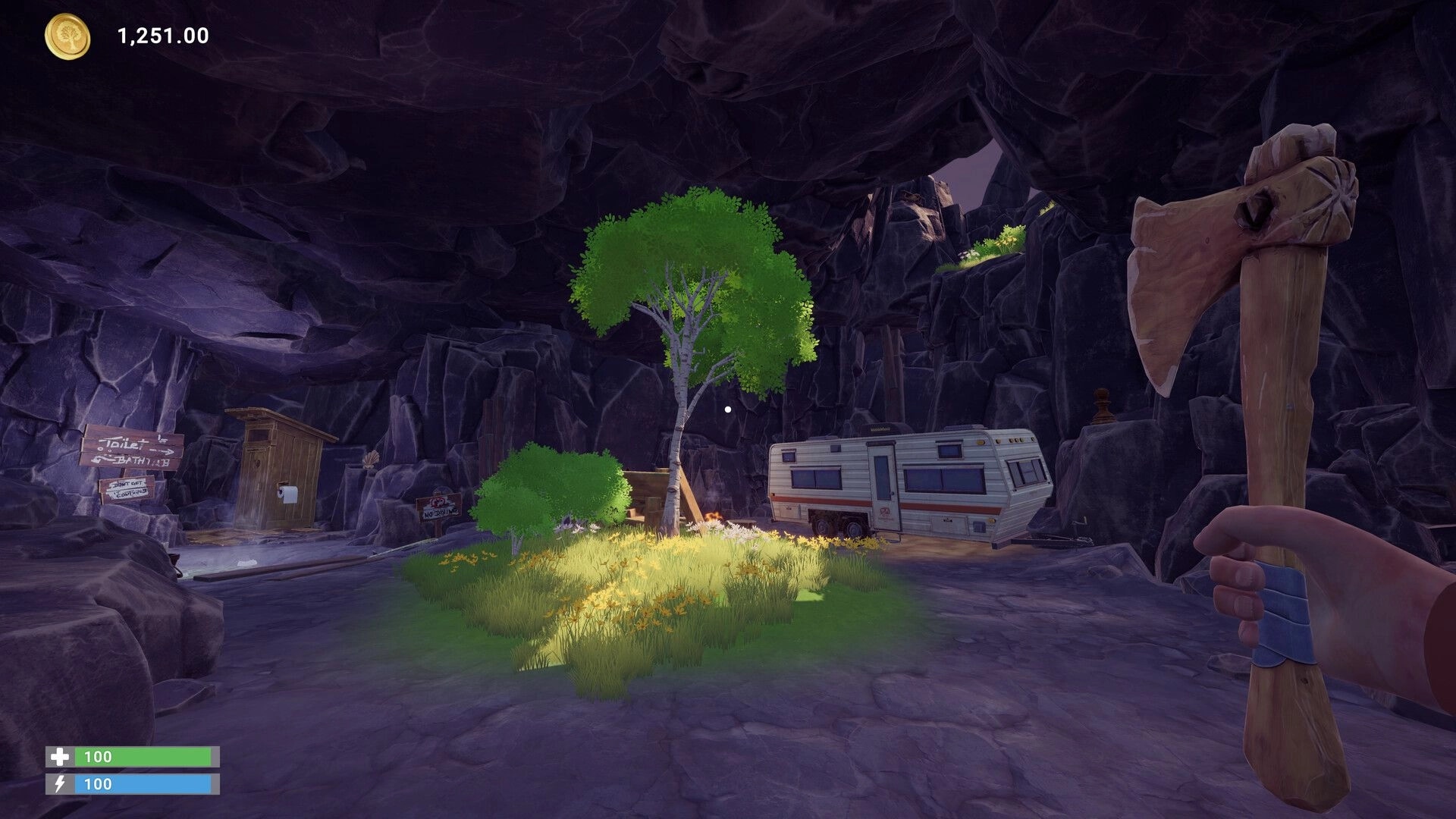 Chop Chop Inc.: Holding a stone axe in first-person view inside a rocky cave camp with trailer and HUD.