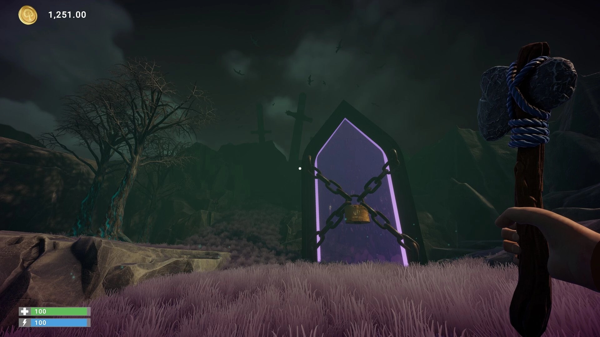 Chop Chop Inc.: First-person view holding stone axe facing chained purple portal in foggy graveyard.
