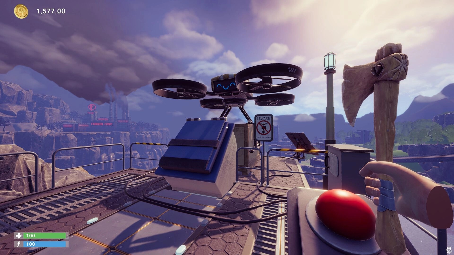 Chop Chop Inc.: Holding a stone axe by a drone station on a rooftop platform above distant Furnox Corp.