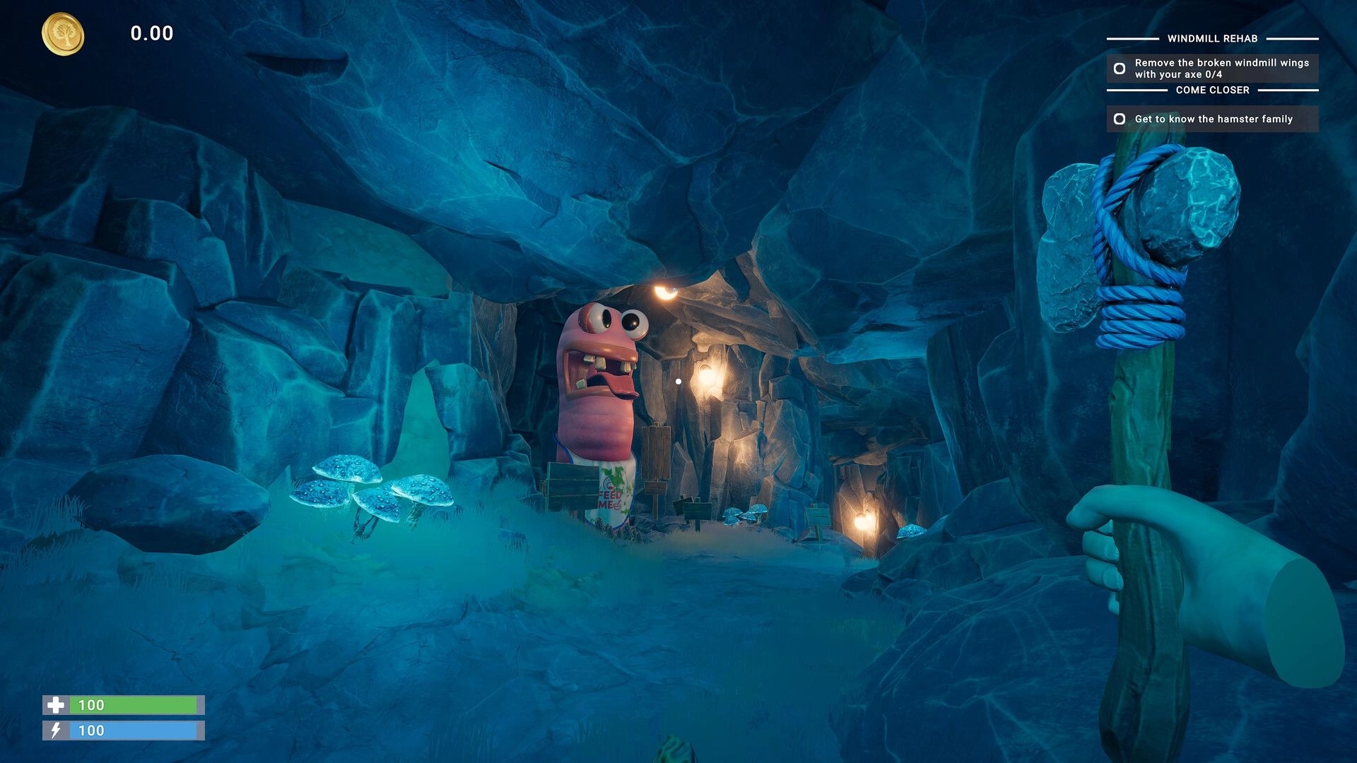 Chop Chop Inc.: First-person view holding a stone axe in a blue cave with quest tracker and HUD bars.