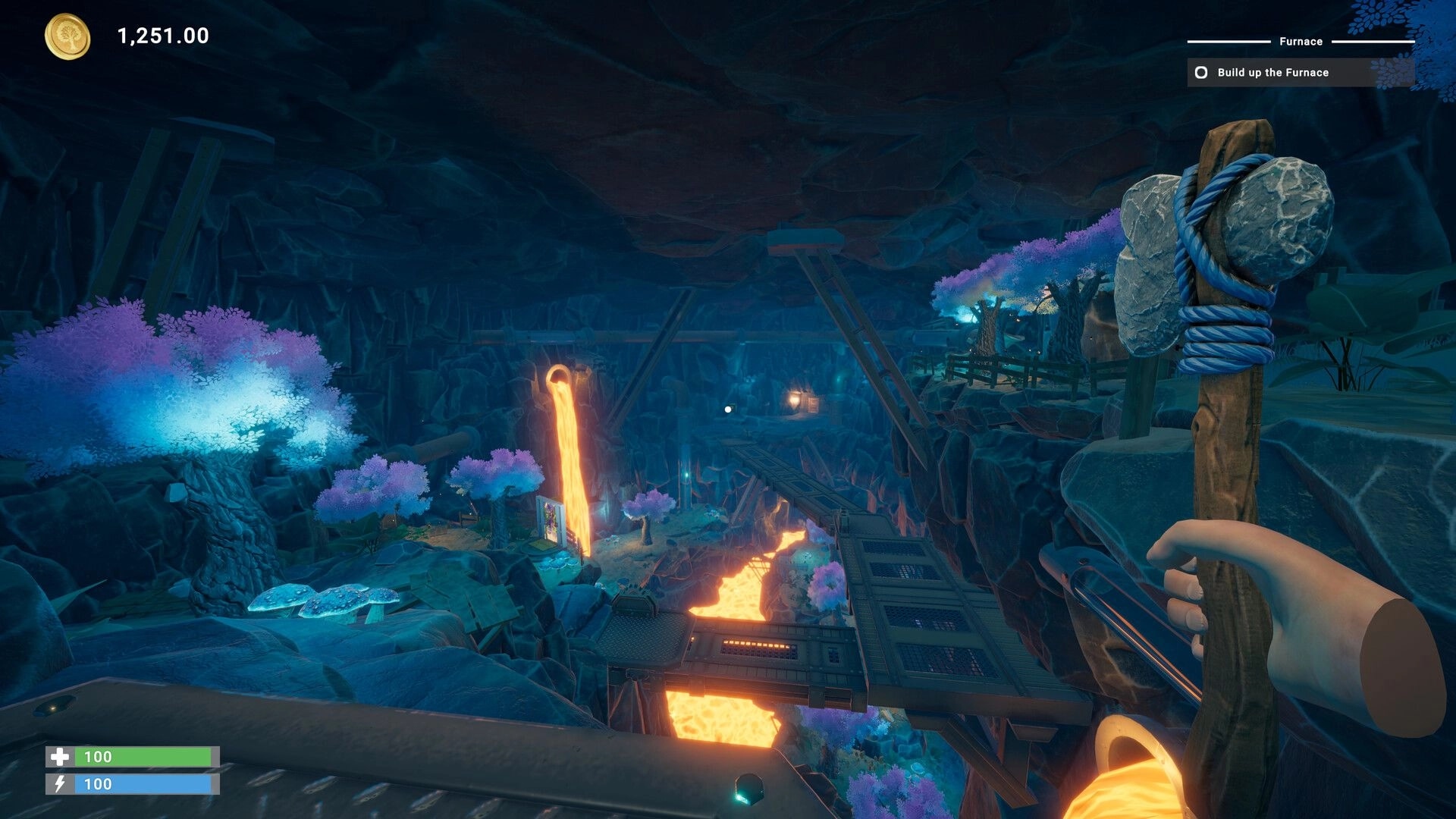 Chop Chop Inc.: First-person view holding a hammer over lava bridges in a glowing mine cavern UI quest.