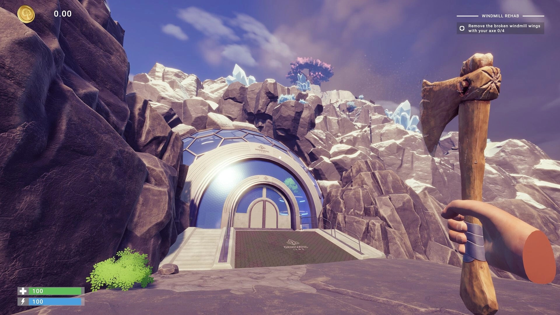 Chop Chop Inc.: First-person view holding axe by domed lab entrance in rocky crystal mountains, quest UI.