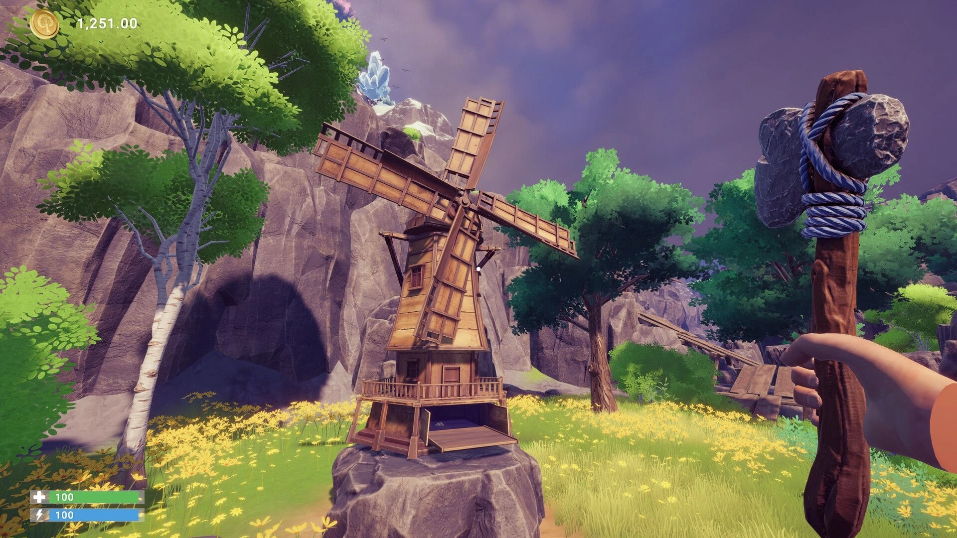 Chop Chop Inc.: First-person view holding a stone axe near a windmill in a rocky meadow with HUD.