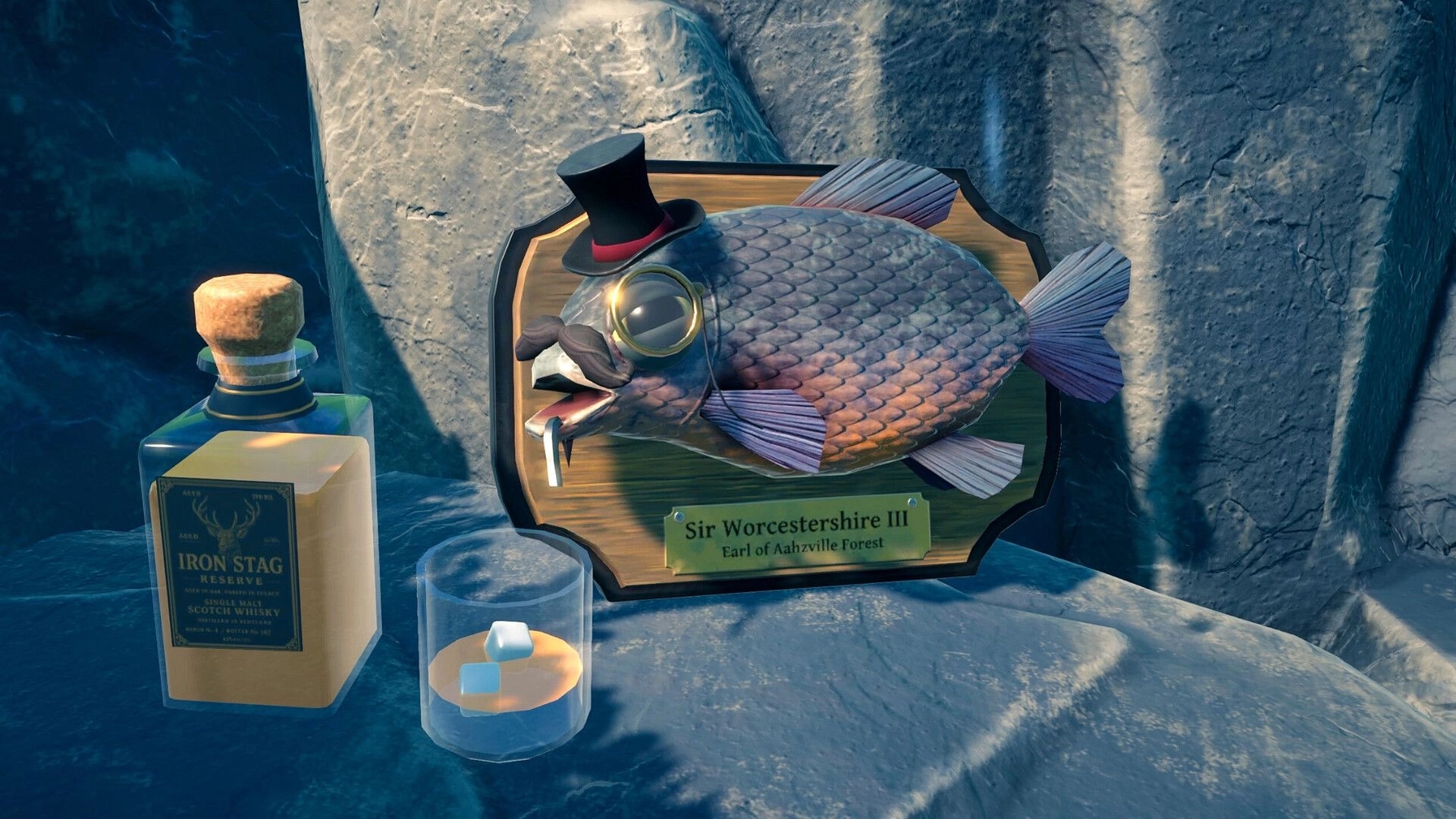 Chop Chop Inc.: Mounted fish trophy with top hat and monocle beside whisky bottle on stone ledge.