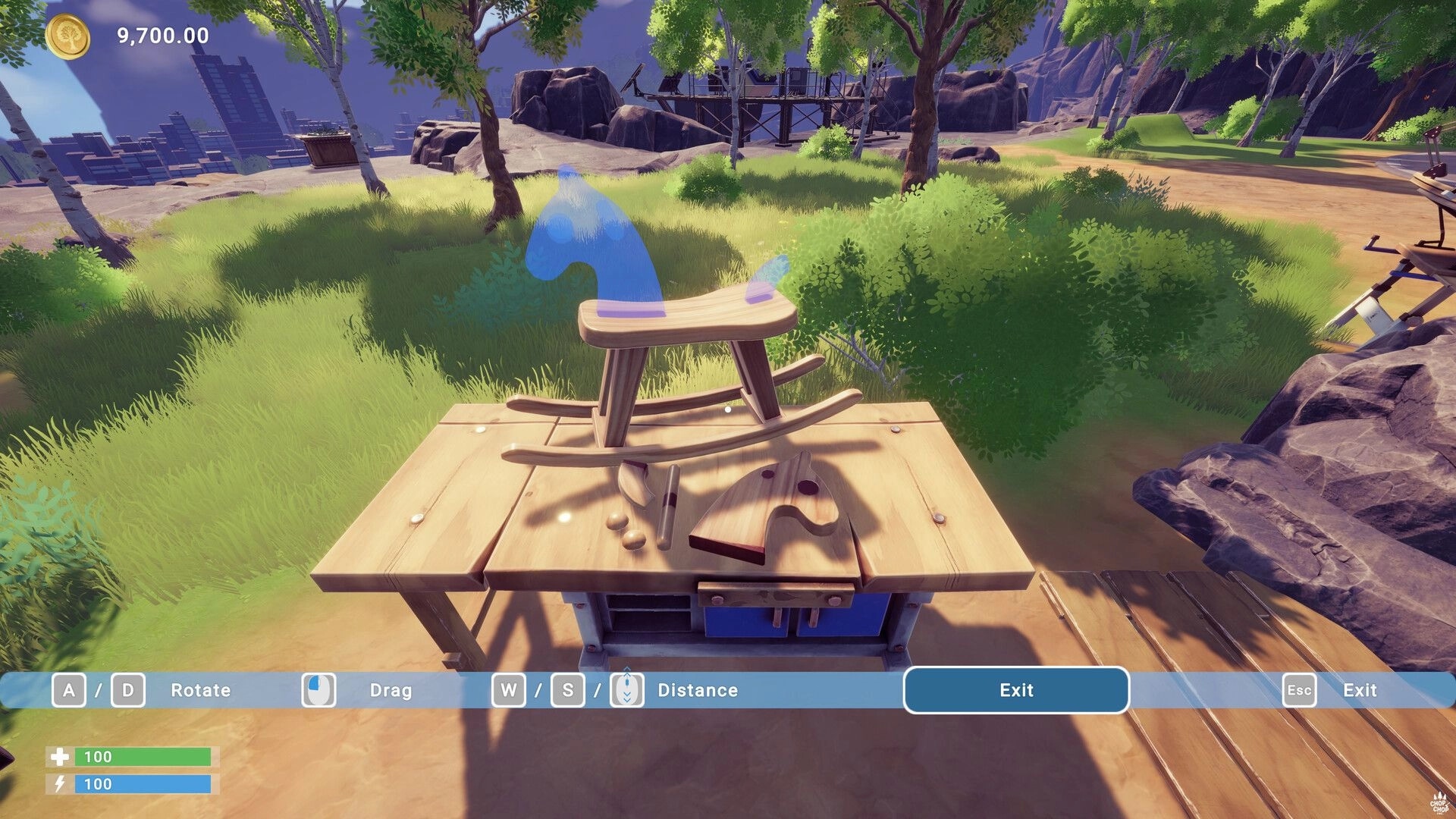 Chop Chop Inc.: Wooden rocking horse on workbench with rotate/drag UI in sunny forest clearing.