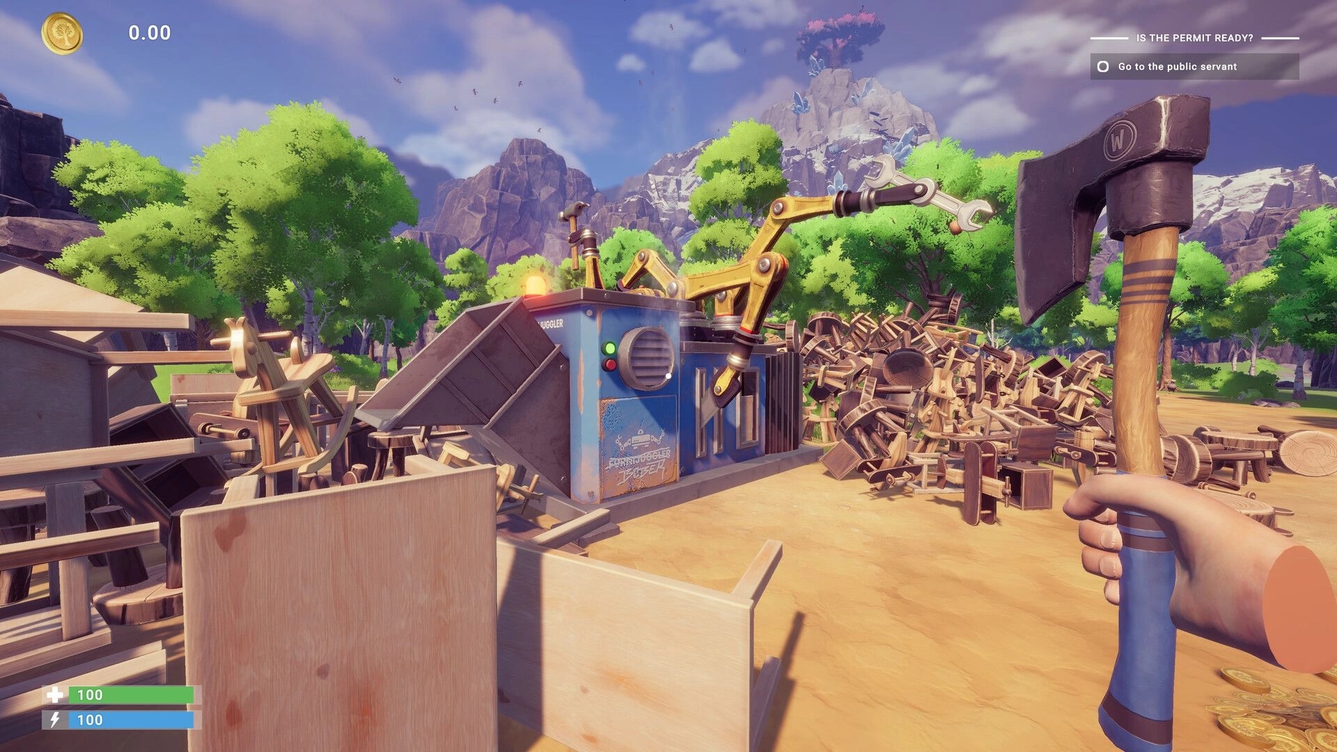 Chop Chop Inc.: First-person axe view by a wood shredder and chair pile in a sunny yard with quest UI.