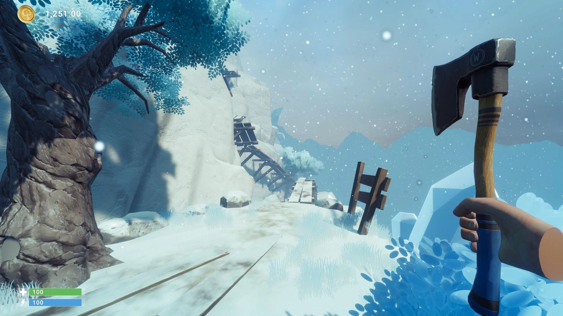 Chop Chop Inc.: First-person axe held up on snowy cliff path with coin total and health bars UI.