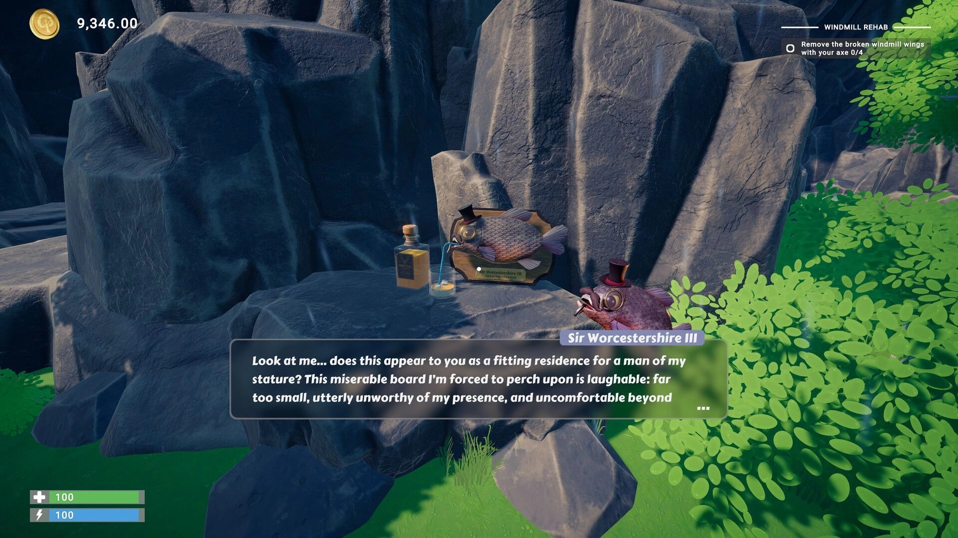 Chop Chop Inc.: Dialogue with Sir Worcestershire III on rocks, quest tracker and coin counter UI visible.