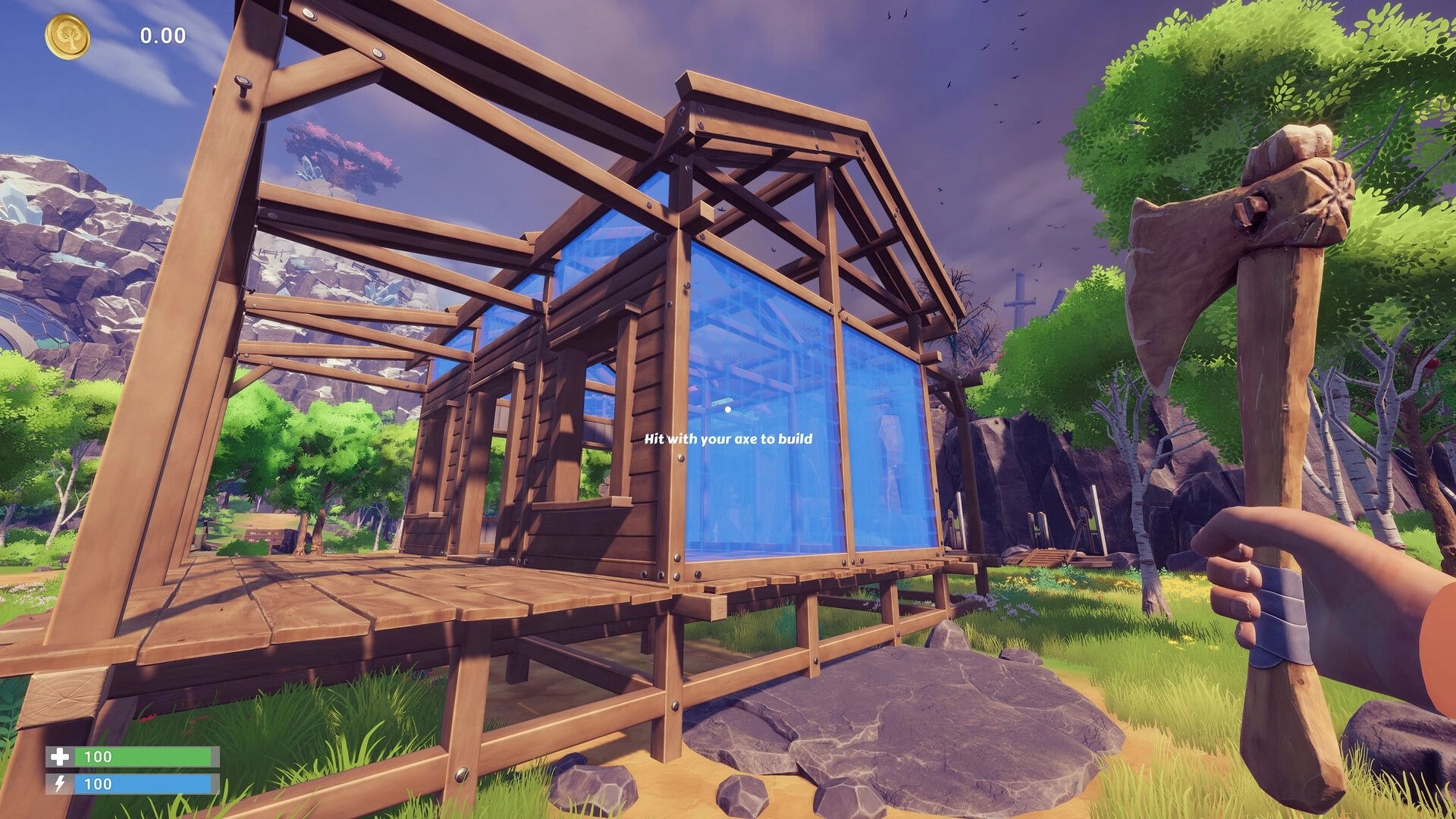 Chop Chop Inc.: First-person building tutorial hitting blue wall blueprint on a wooden frame in forest camp.