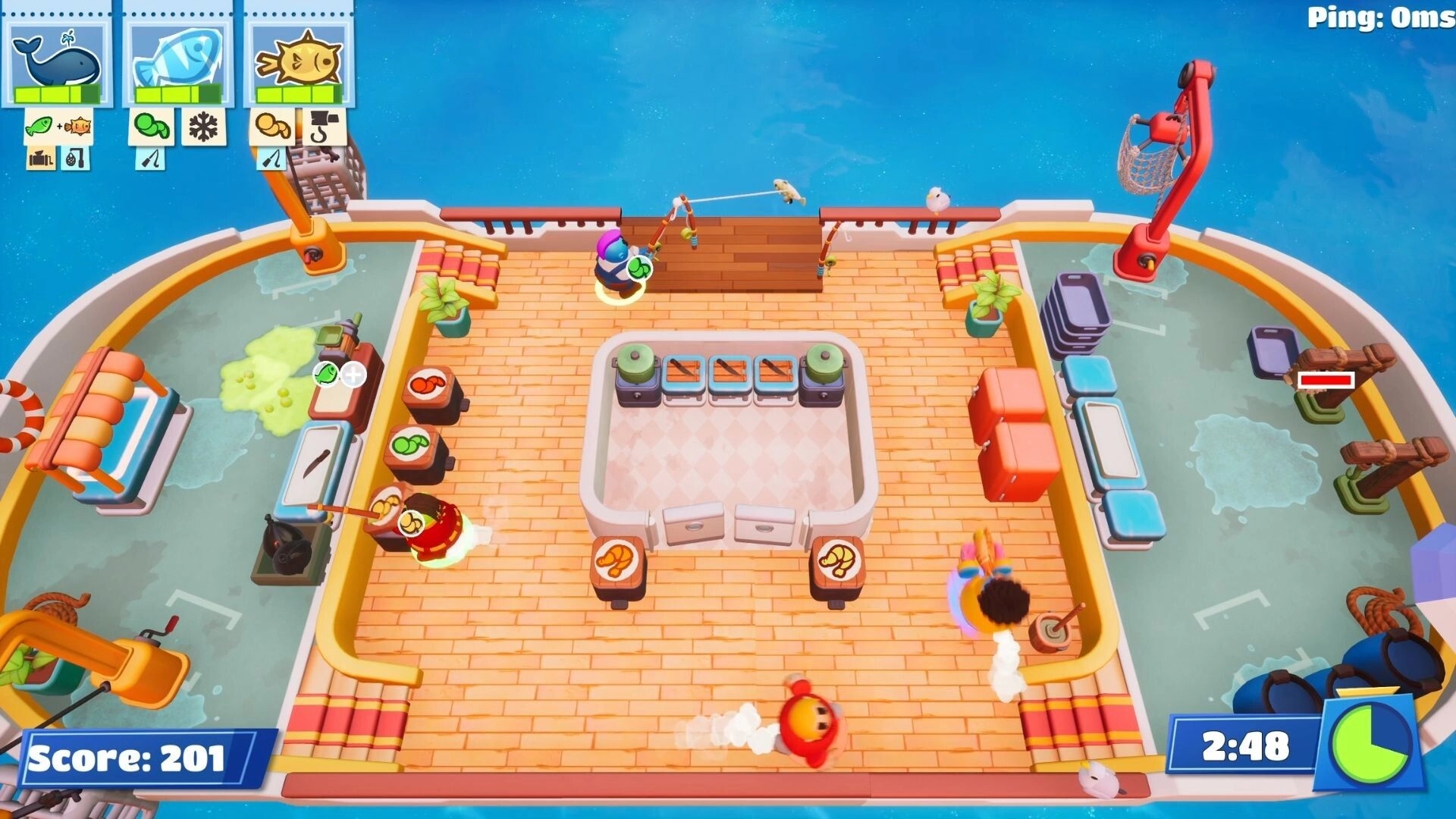 Chop Chop Together: Three players fishing and cleaning stations on a ship deck with score and timer UI.