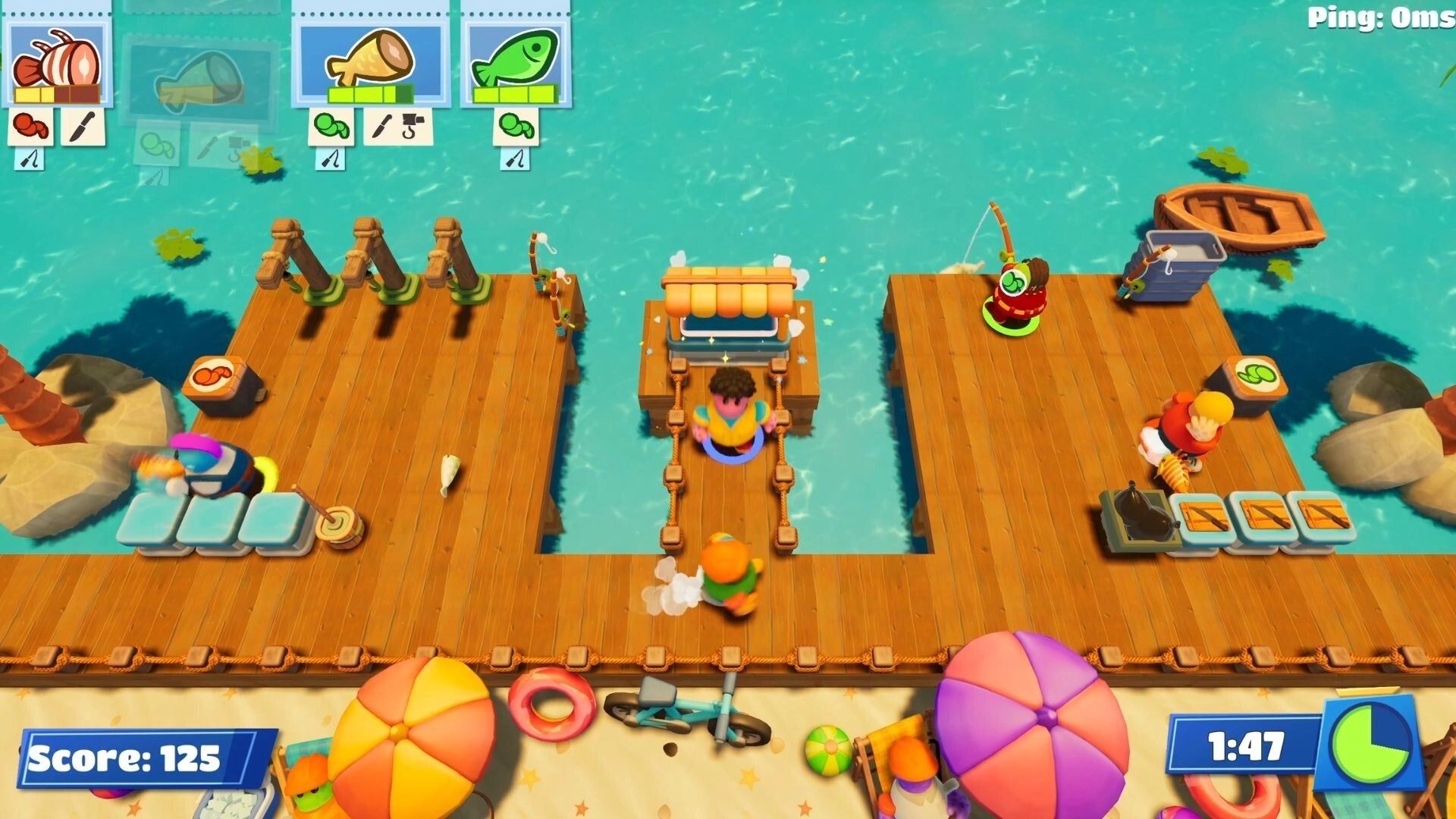 Chop Chop Together: Four players fish and prep items on wooden docks over turquoise water with order UI.