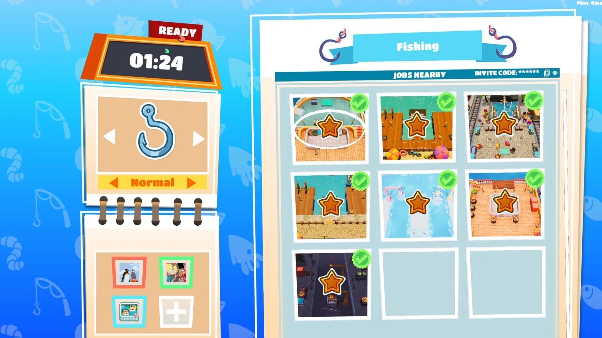 Chop Chop Together: Fishing job selection menu with timer and level thumbnails in a blue lobby UI.
