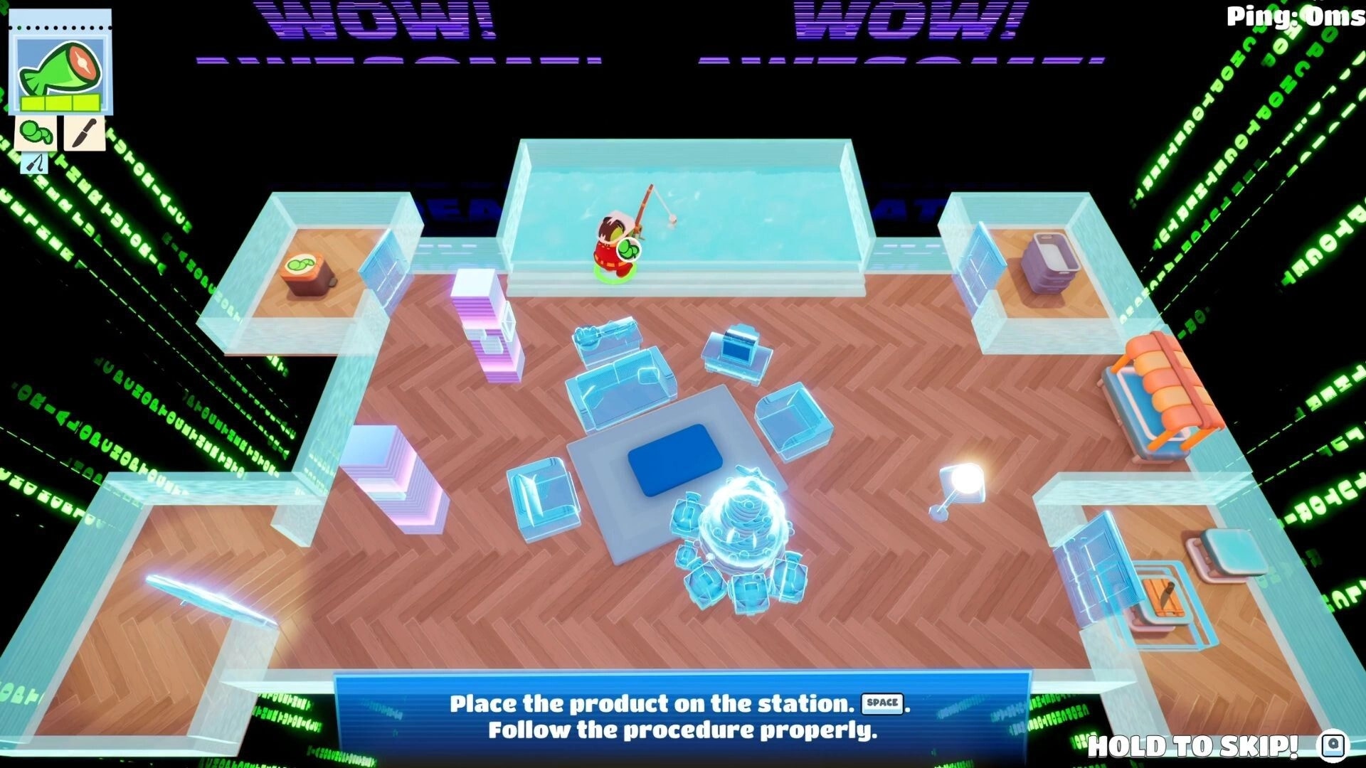 Chop Chop Together: Player fishing in a glass tank as hologram furniture glows in a training room.