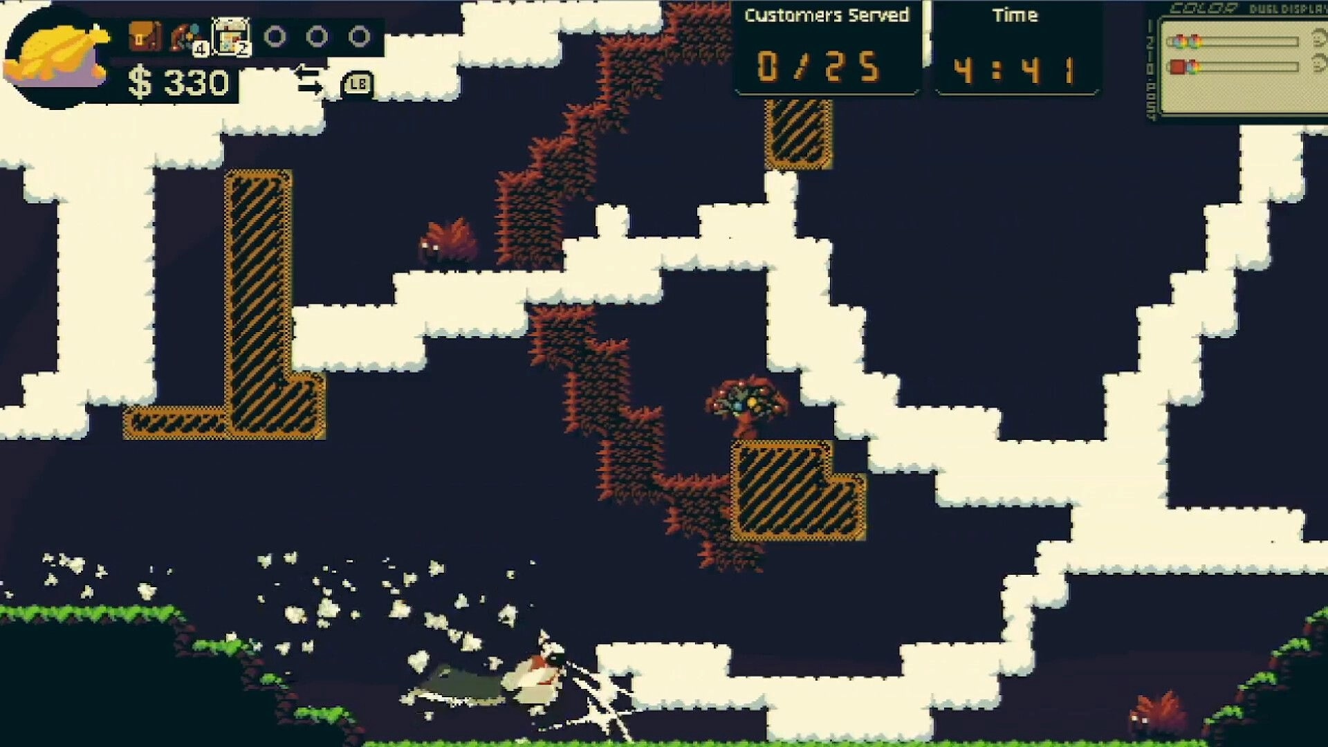 Chop Shop: Player leaps across snowy platforms with UI for cash, customers served, and timer overhead.