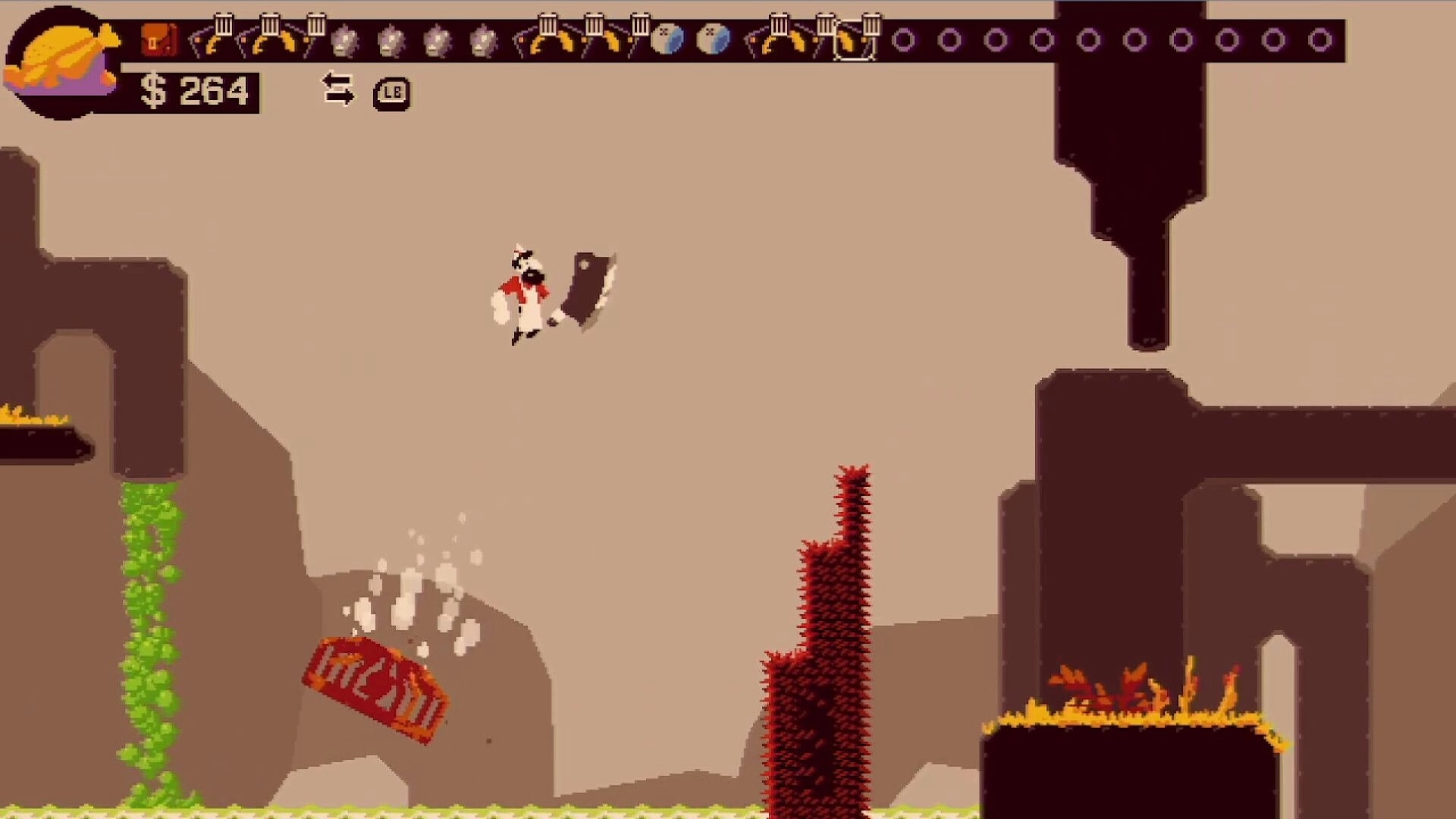 Chop Shop: Butcher with cleaver mid-jump above spikes and barrels in a rocky cavern platforming area.