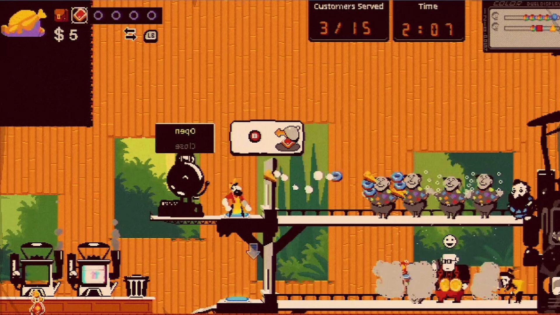 Chop Shop: Butcher shop service scene with queued customers, timer UI, and wood-paneled interior.