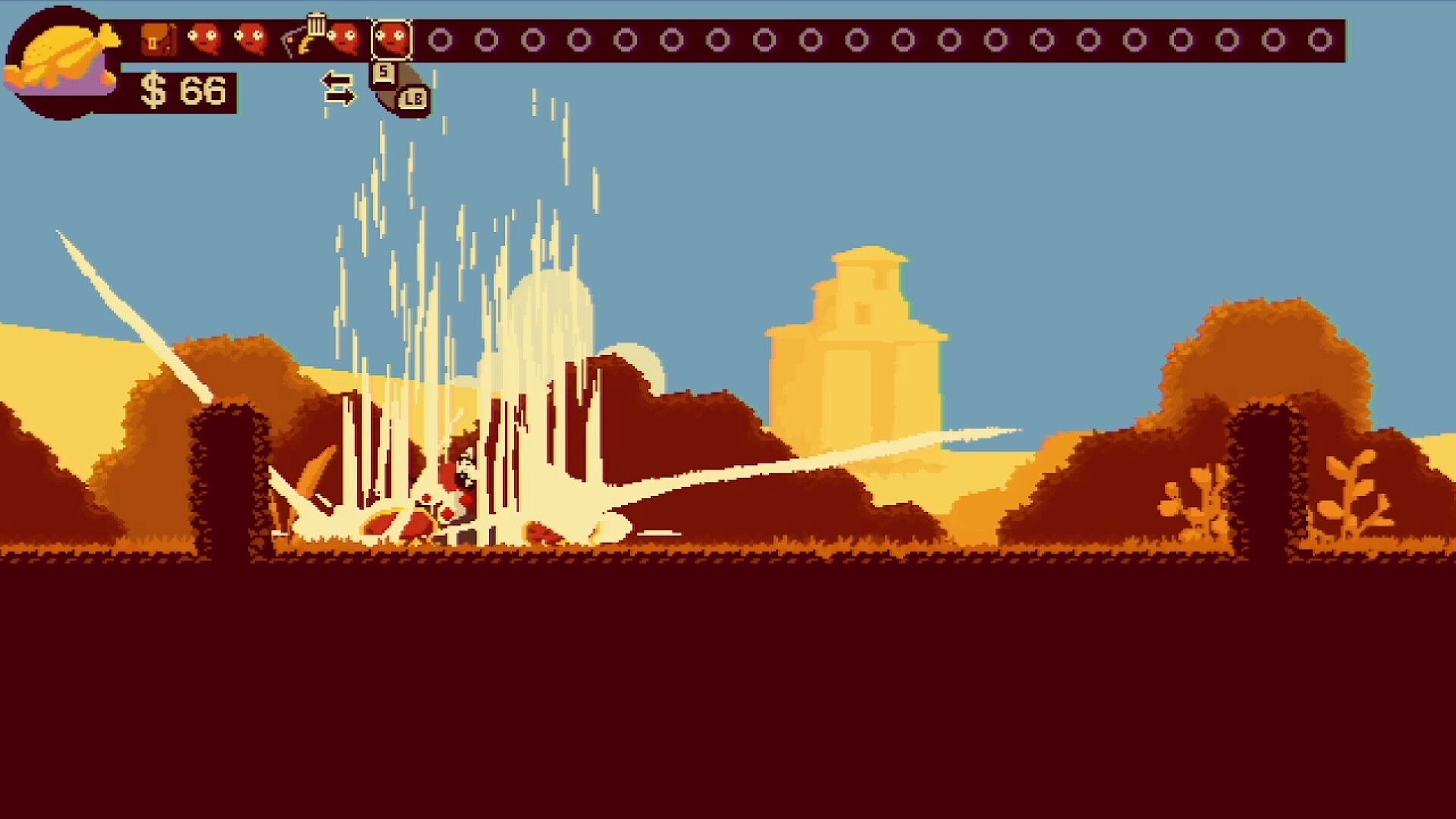 Chop Shop: Player slashes a monster with big hit effects, $66 shown, in a side-scrolling desert ruins stage.