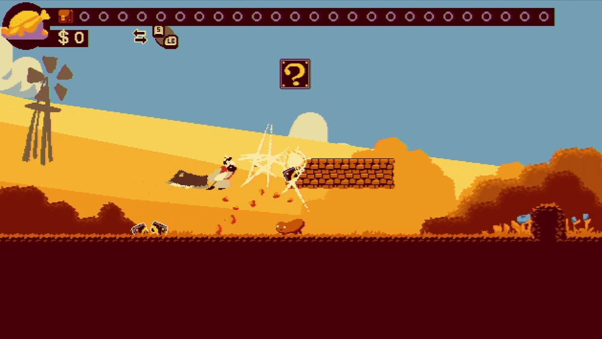 Chop Shop: Pixel butcher swings cleaver at monster near brick wall in sandy desert with HUD icons.