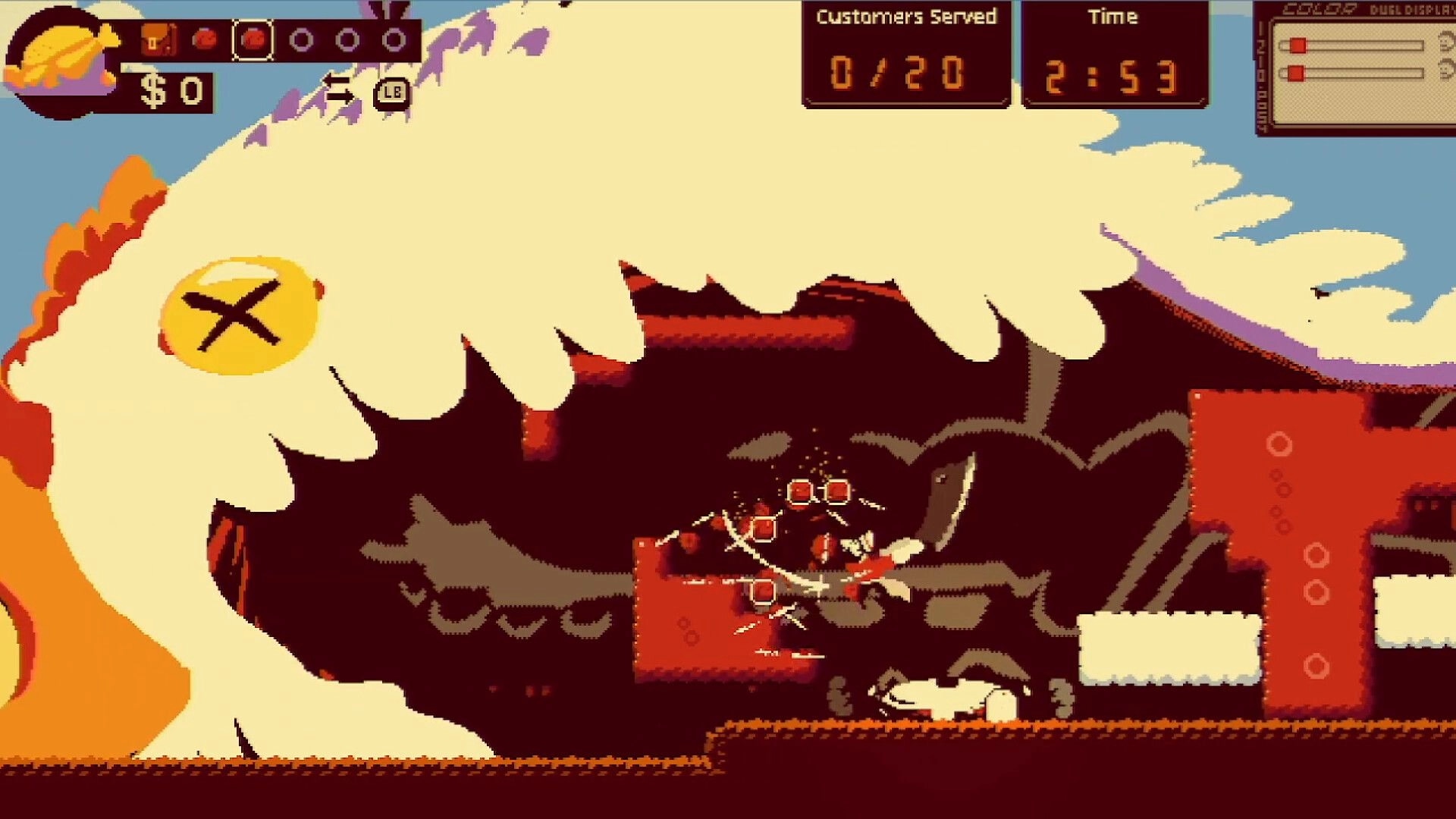 Chop Shop: Player slashes a giant chicken boss as timer and customers served UI overlays a cavern arena.