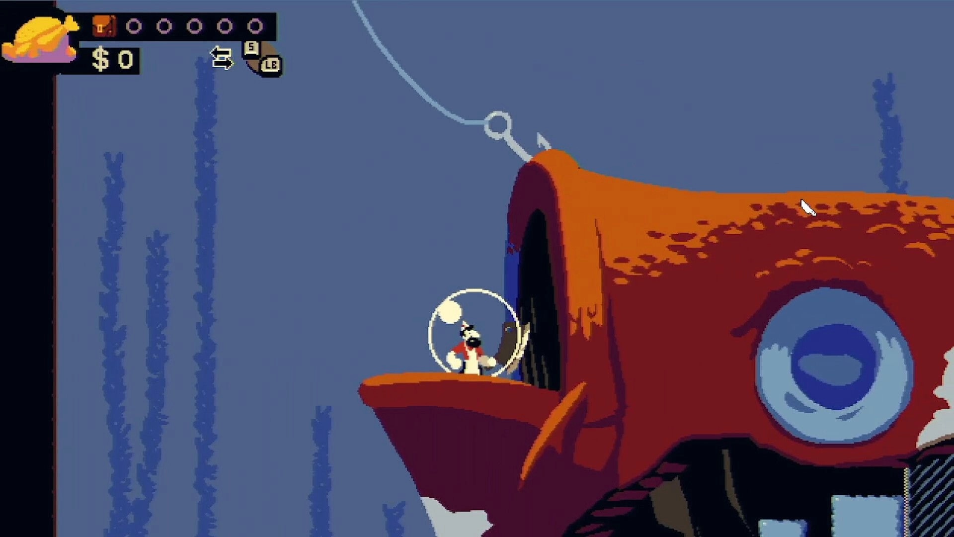 Chop Shop: Diver in bubble helmet slashes a giant fish head underwater with HUD and $0 counter.