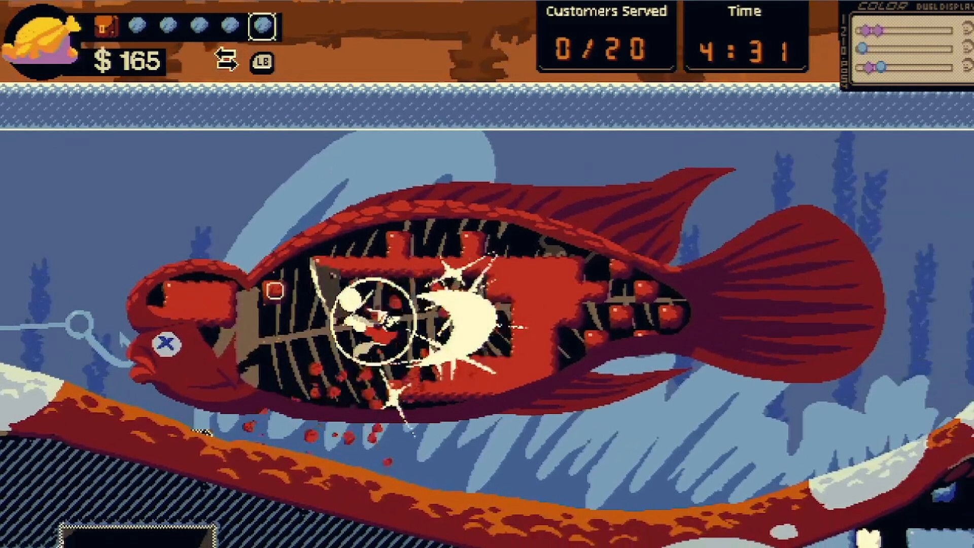Chop Shop: Targeting and chopping a huge red fish carcass on a cutting board with timer UI above.