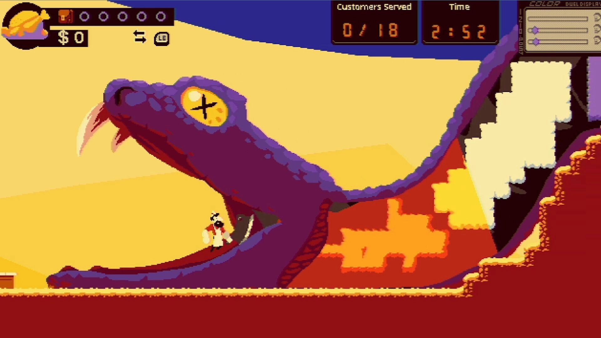 Chop Shop: Player stands by a giant dead purple monster head as timer and customers UI overlay desert cave.