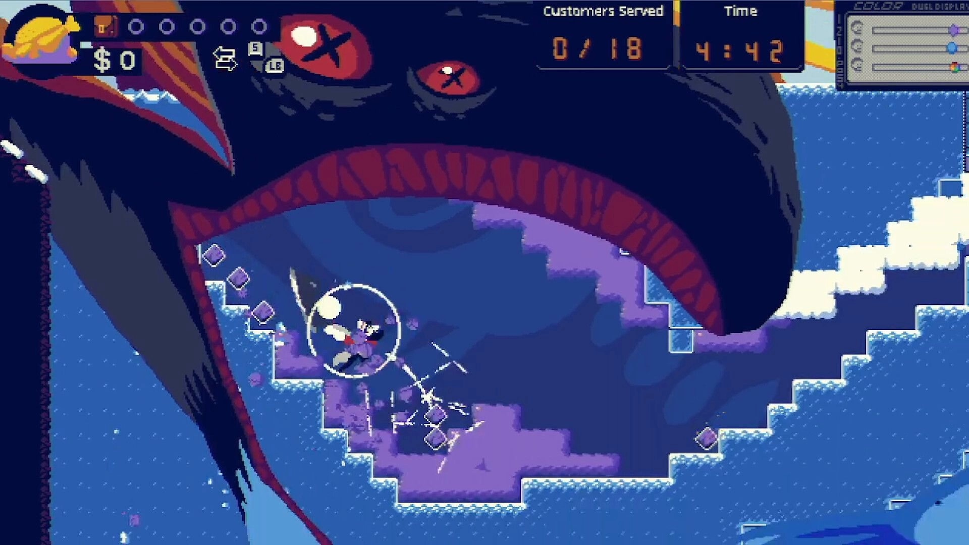 Chop Shop: Player slashes inside a giant monster mouth, UI shows $0, customers 0/18, time 4:42.