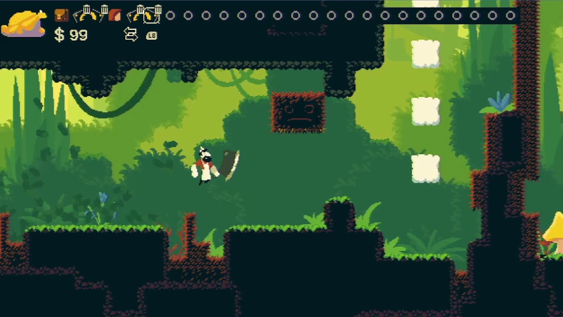 Chop Shop: Cleaver-wielding butcher stands in a jungle platform area with $99 HUD and item icons.