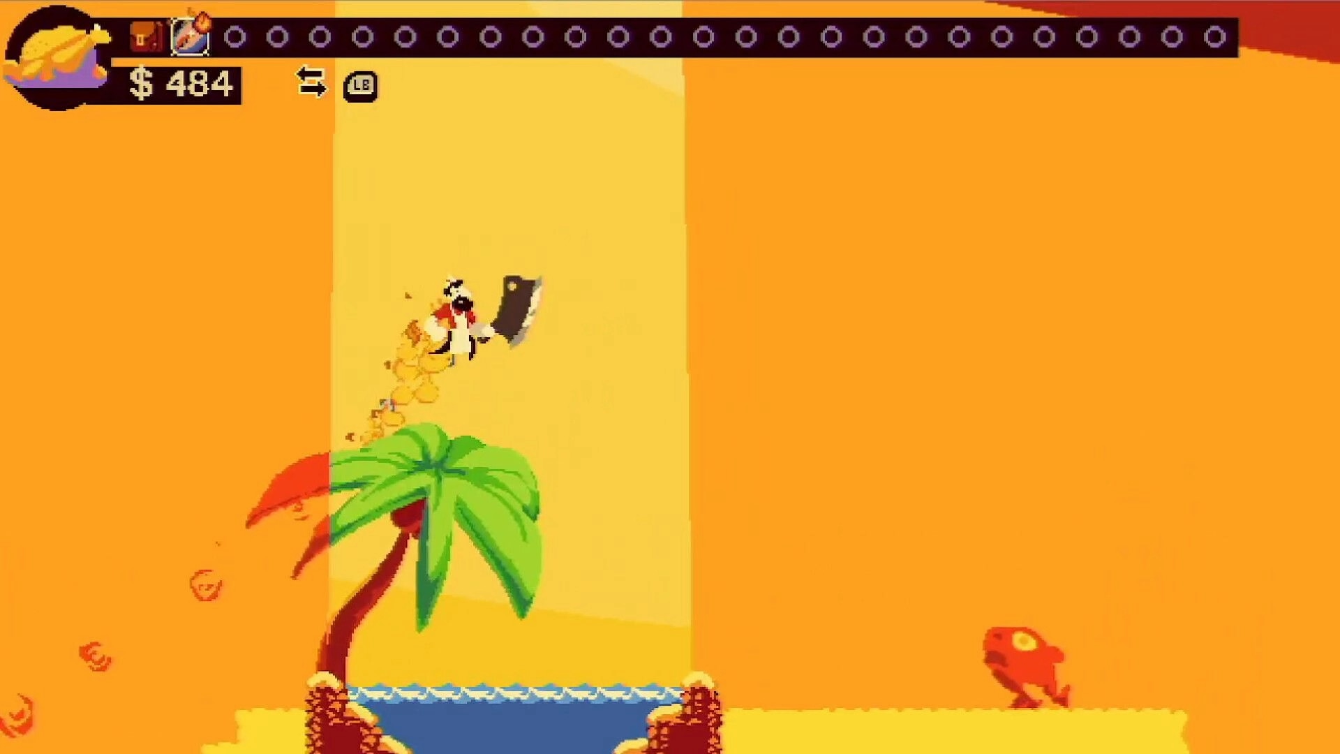 Chop Shop: Butcher character leaps with cleaver above palm tree, money and item UI in desert beach area.