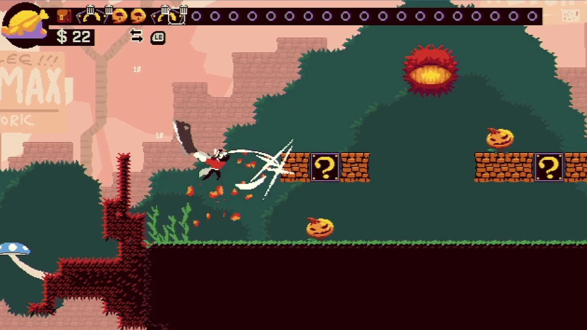Chop Shop: Cleaver-wielding character midair slashing near question blocks in forest ruins level.