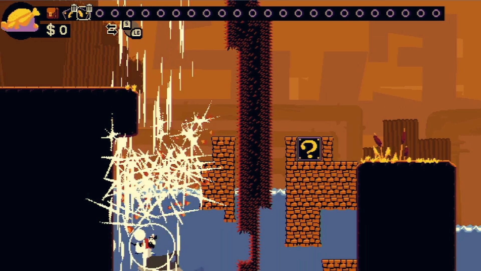 Chop Shop: Player triggers bright slash burst by water near brick platforms and a ? block in ruins.