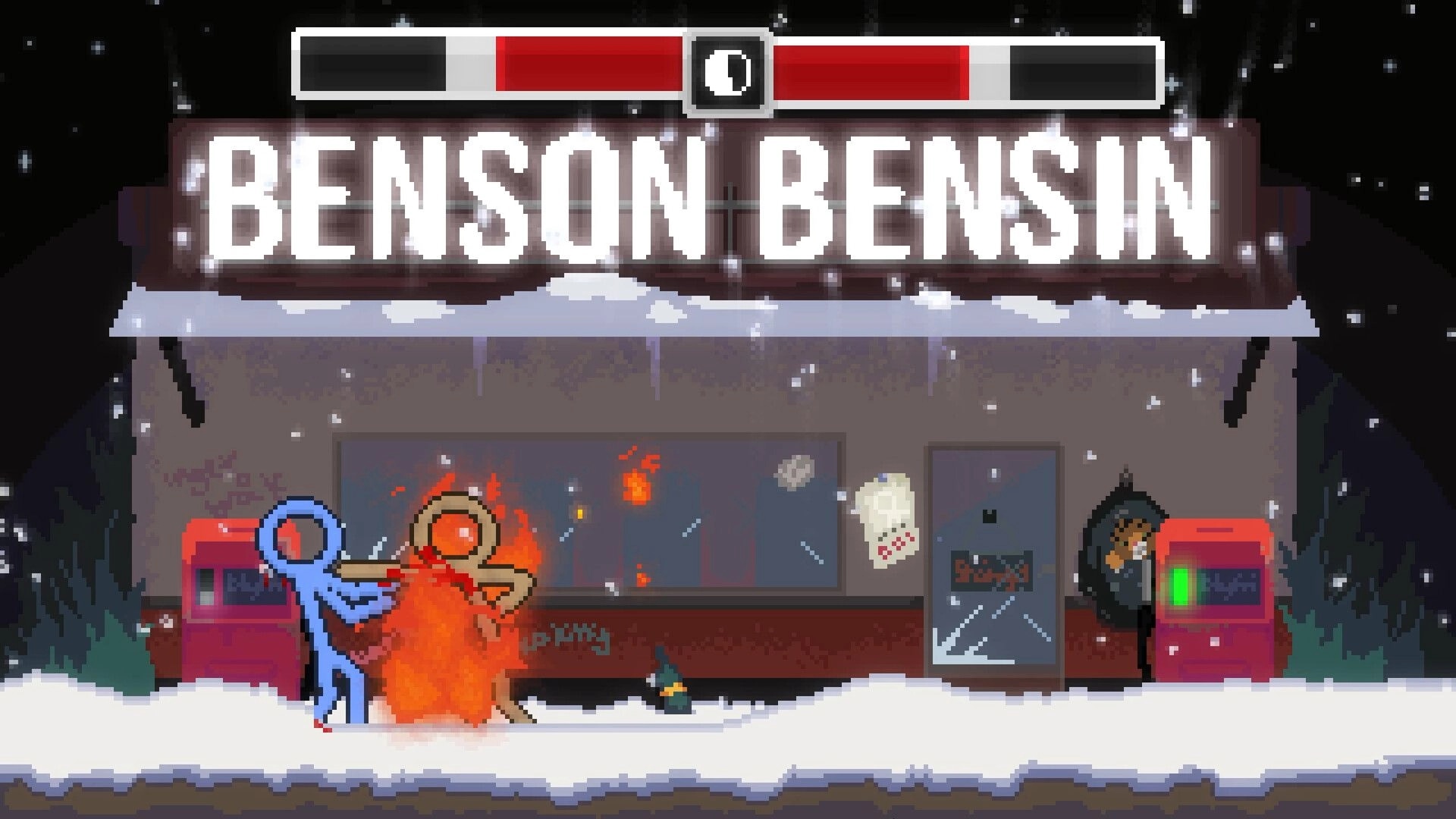 CHOPSTICKS: Blue stick fighter punches burning orange foe outside Benson Benson shop in snowfall, HP bars up.